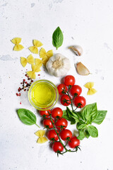 Culinary background with traditional ingredients of italian cuisine. Top view with copy space.