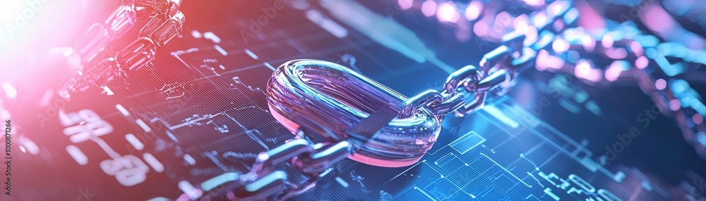 Poster digital health records accessible via blockchain, a close-up view of a digital chain link on a circu
