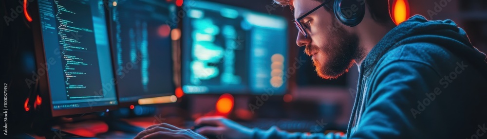 Poster hacker using social engineering to breach firewall, urgent work, a focused individual wearing headph