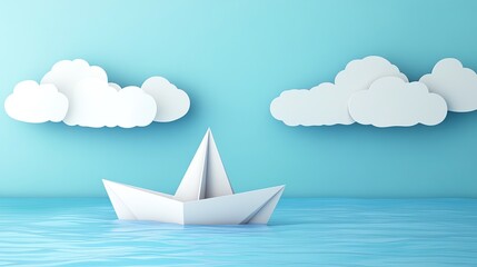 Naklejka premium A simple paper boat sails on paper waves with paper clouds in the sky.