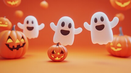 2408 5.A fun and spooky Halloween scene featuring cheerful cartoon ghosts and grinning pumpkins floating in front of an orange background. The playful ghosts interact with the carved pumpkins,