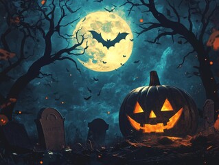 Fototapeta premium 2408 6.A haunted Halloween scene with dark, twisted trees and a glowing full moon illuminating a spooky graveyard. Shadowy figures of ghosts and bats fly across the sky, while a carved pumpkin with a