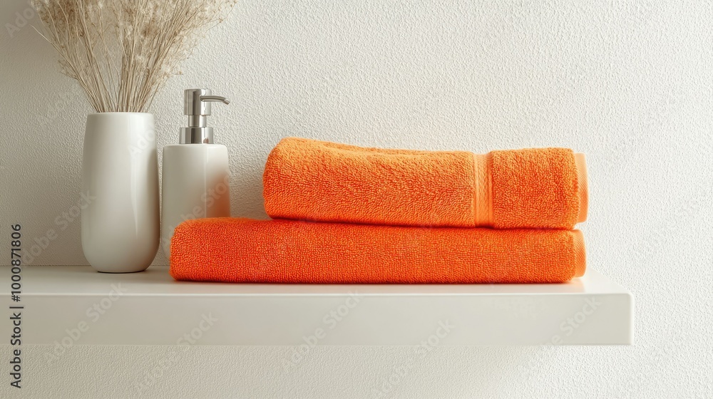 Poster vibrant orange towels folded neatly on a shelf in a minimalist bathroom, adding a splash of color