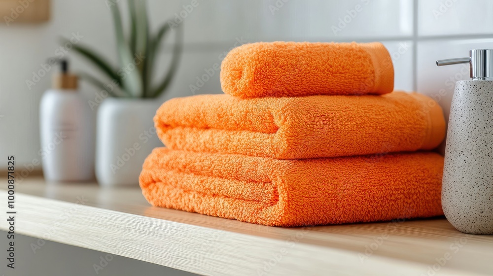 Poster vibrant orange towels folded neatly on a shelf in a minimalist bathroom, adding a splash of color