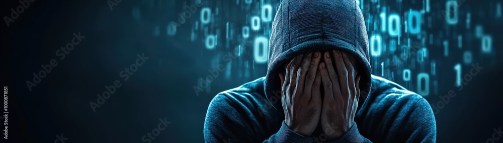 Poster sad hacker, a hooded figure covers their face, surrounded by a digital backdrop of binary code, symb