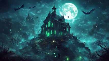 Obraz premium 2408 7.A creepy Halloween night illustration featuring a haunted house on a hill, silhouetted by the moon. The house has broken windows, crooked doors, and eerie green lights glowing from within,