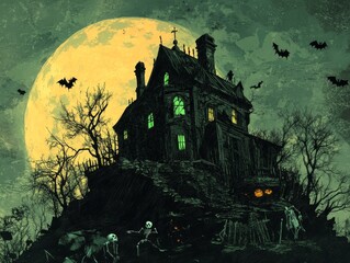 2408 7.A creepy Halloween night illustration featuring a haunted house on a hill, silhouetted by the moon. The house has broken windows, crooked doors, and eerie green lights glowing from within,