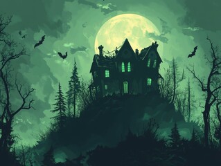 2408 7.A creepy Halloween night illustration featuring a haunted house on a hill, silhouetted by the moon. The house has broken windows, crooked doors, and eerie green lights glowing from within,