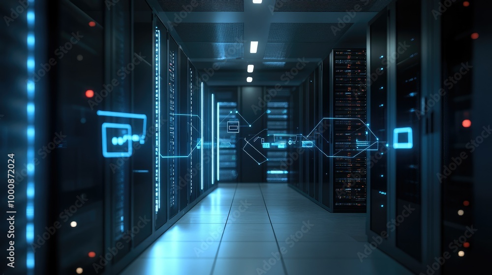 Poster visual of a server room with endpoint security symbols, illustrating protection of data and devices 