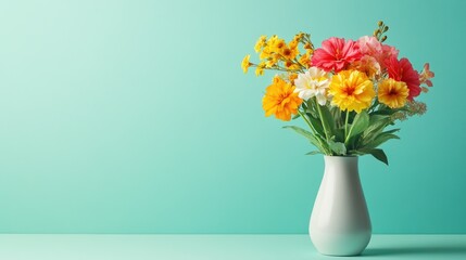 Fototapeta premium Vibrant spring flowers arranged in a simple vase, with copy space on a calming background
