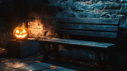 2408 16.A dimly lit wooden bench with a carved Jack O' Lantern glowing brightly on the left. The bench sits against a dark stone wall, casting long shadows as light shines down from above, creating a
