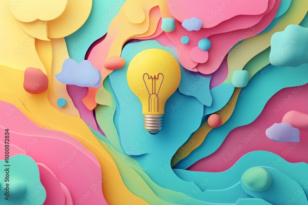 Poster yellow light bulb floating on a colorful and abstract paper background