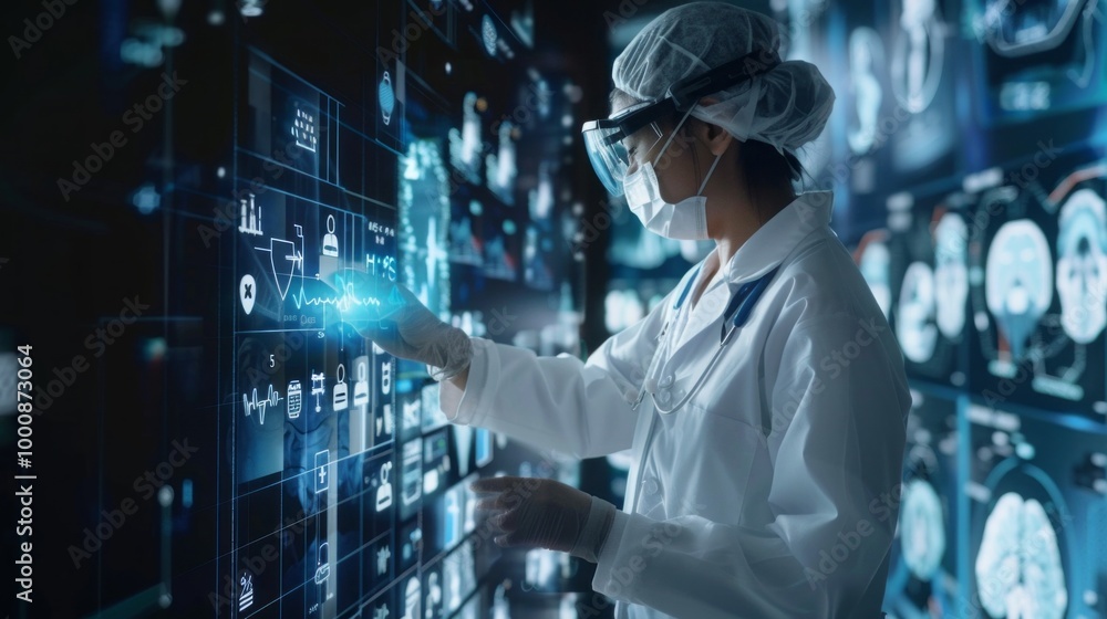 Poster a woman in a white lab coat is working on a computer screen with a lot of data o