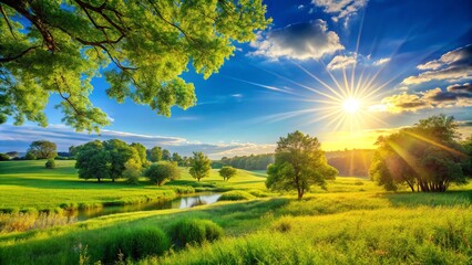 Obraz premium Golden sunshine cascades over a calm landscape, showcasing verdant foliage and an expansive azure sky, enveloping the