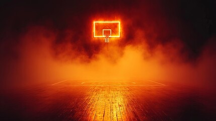A glowing basketball hoop suspended in a fog-filled arena, casting a warm orange light on the wooden floor.