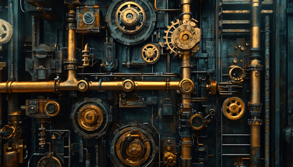 A Victorian-inspired mechanical world with gears, cogs, steam pipes, and brass accents, blending fantasy with machinery