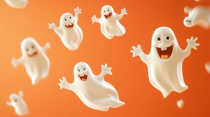 2408 32.A humorous Halloween design featuring floating cartoon ghosts and jack-o-lanterns with goofy expressions. The bright orange background provides space for text, making it ideal for a