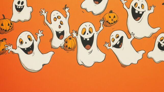 2408 32.A humorous Halloween design featuring floating cartoon ghosts and jack-o-lanterns with goofy expressions. The bright orange background provides space for text, making it ideal for a