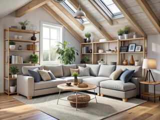 Cozy attic living room with neutral beige corner sofa, wooden shelves, and modern decor. Bright natural light through skylights, house plants, and a minimalist Scandinavian style interior.
