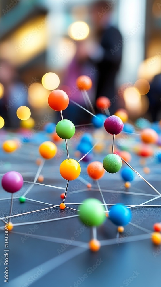 Poster colorful pins creating a network on top of a reflective surface