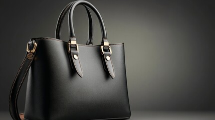 Black luxury leather handbag. High class fashion item, emphasizing clean design and sophistication. Leather texture details.	