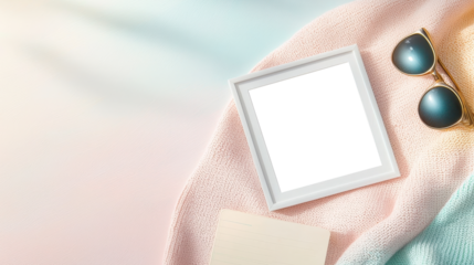 Transparent square photo frame on pastel fabric with sunglasses and notebook in soft natural light