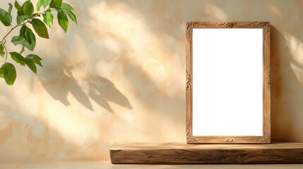 Transparent ornate wooden frame on rustic shelf with leafy shadows and soft sunlight