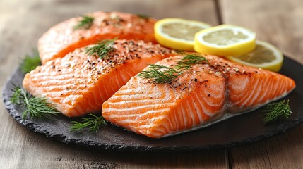 A close-up view of three succulent salmon fillets, skin-side down, seasoned with black pepper and garnished with fresh dill, presented on a black slate platter