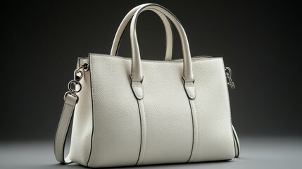 White luxury leather handbag. High class fashion item, emphasizing clean design and sophistication. Leather texture details.	
