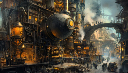 A Victorian-inspired mechanical world with gears, cogs, steam pipes, and brass accents, blending fantasy with machinery