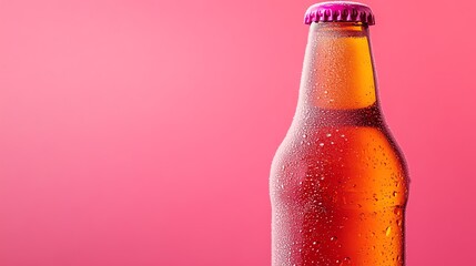 A cold bottle of beer with condensation on a pink background.