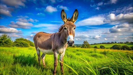 In a flourishing green field, a majestic male donkey stands under a clear blue sky, exemplifying the serene