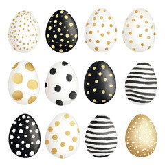 A collection of black, white, and gold Easter eggs with polka dots, stripes, and intricate patterns, creating a modern festive design.