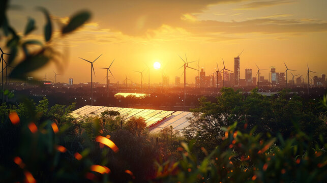 Green city with renewable sustainable energy solution technology concept. Panorama background sunset nature scene with turbine, solar panels field with modern building urban on golden sky background.