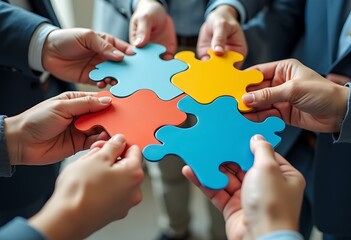 Business people hands holding jigsaw puzzles to put together, business teamwork and supporter concept