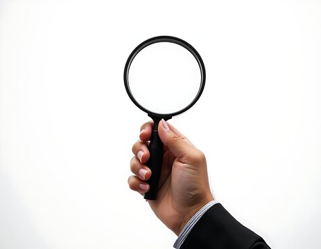 Businessman hand holding a magnifying glass isolated on white background