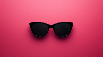 A pair of black sunglasses on a pink background.