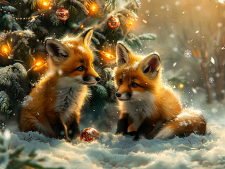 Cute little foxes are playing in snow near Christmas tree decorated with bright lights and toys. There is fluffy snow all around, snowflakes falling from sky, creating an atmosphere of winter magic.