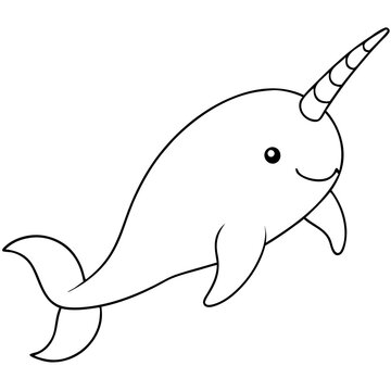 recommend clip art: Smiling Narwhal: A simple and charming line drawing of a narwhal with a big smile and a curled tusk, perfect for coloring pages, children's books, and educational materials. 