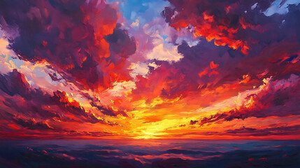 A vibrant sunset with fiery orange, pink, and purple clouds over a dark blue ocean.