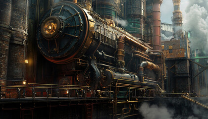 A Victorian-inspired mechanical world with gears, cogs, steam pipes, and brass accents, blending fantasy with machinery