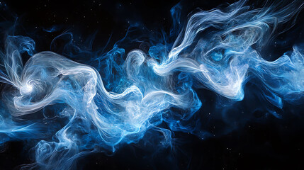 Obraz premium Abstract blue and white smoke swirls against a dark background with glittering stars.