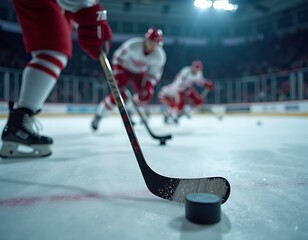 Closeup of ice hockey stick and puck on ice rink during the game, sports concept
