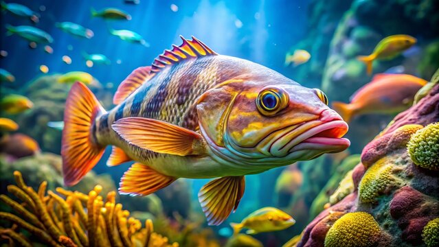 In a stunning underwater landscape, a one-of-a-kind hooknose fish is prominently displayed, enchanting viewers with its