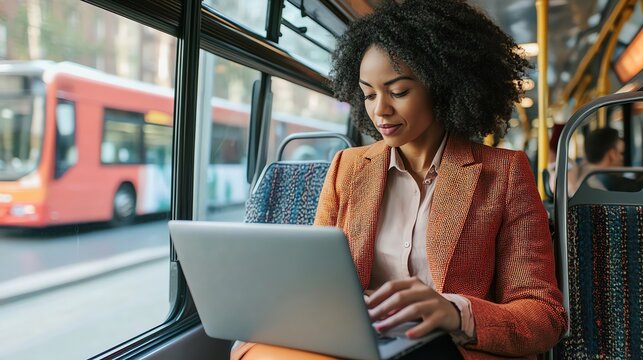 A woman working on her laptop while on a bus.