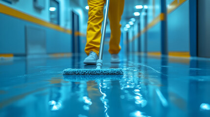 A uniformed cleaner carefully mops the epoxy floor in the patient room, making sure the hall floor is hygienically clean.