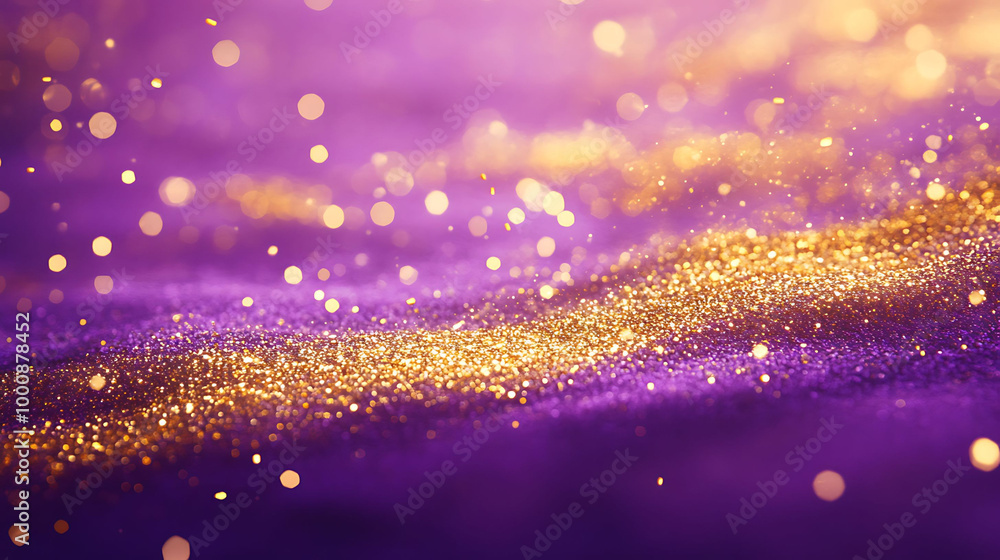 Poster abstract background with purple and gold glitter with bokeh effect.