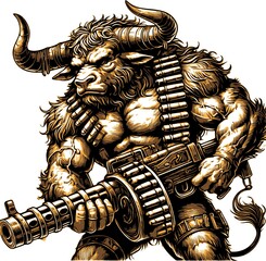 Fototapeta premium buffalo machine gun you in engraving style Print for T-shirt 