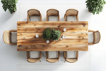 Fototapeta premium Top view of a dining table with chairs against a white background. Generative Ai
