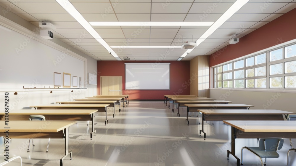 Poster a classroom with a projector screen and tables
